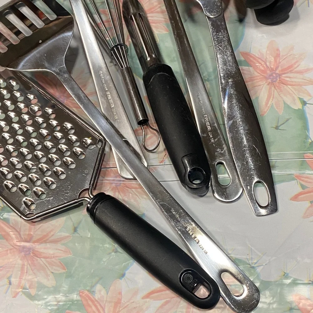 Elegant Silver and Black Kitchen Utensil Set Whisk Spatula Grater Can Opener